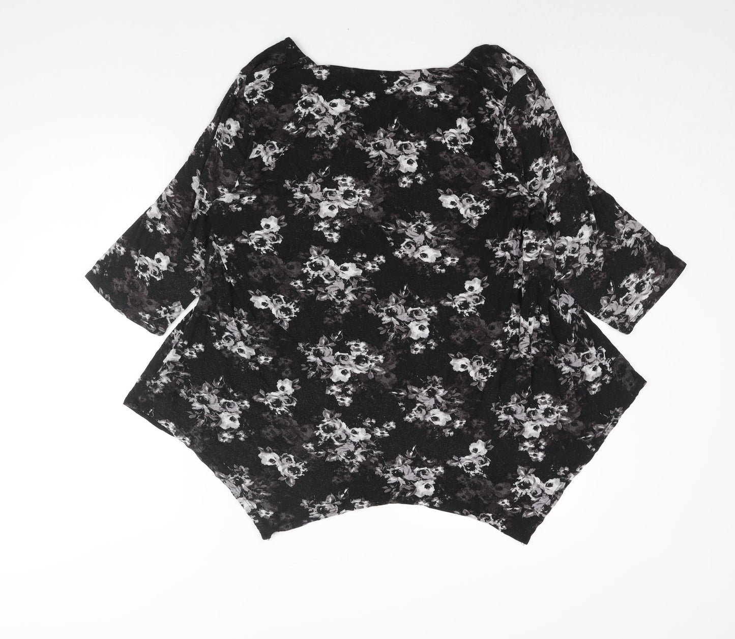 Arcadia Womens Black Floral Viscose Basic Blouse Size 20 Round Neck - Asymmetric Hem