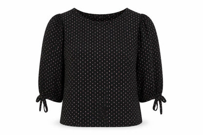 Front view of Principles women’s black geometric viscose basic blouse, size UK 18, round neck - cuff tie