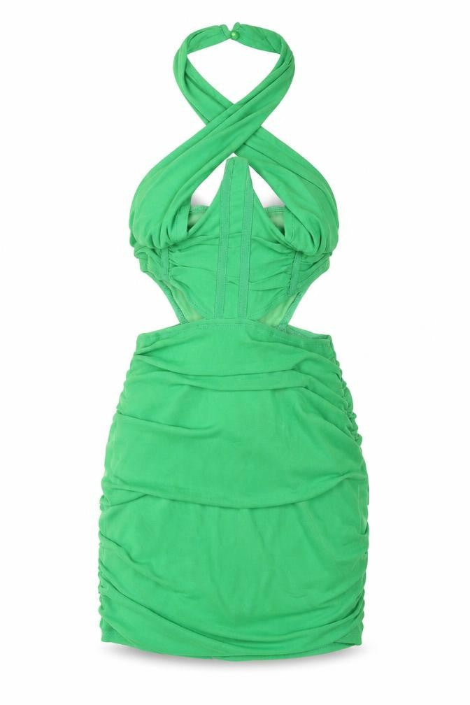 PRETTYLITTLETHING Womens Green Polyester Mini Size 6 Halter Zip - Rouched Corset Bodice Cut Out