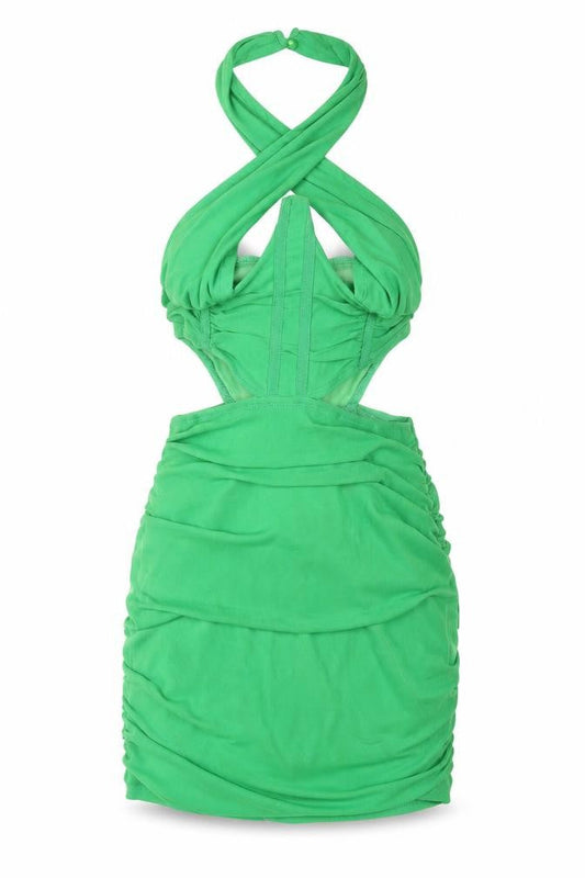 PRETTYLITTLETHING Womens Green Polyester Mini Size 6 Halter Zip - Rouched Corset Bodice Cut Out