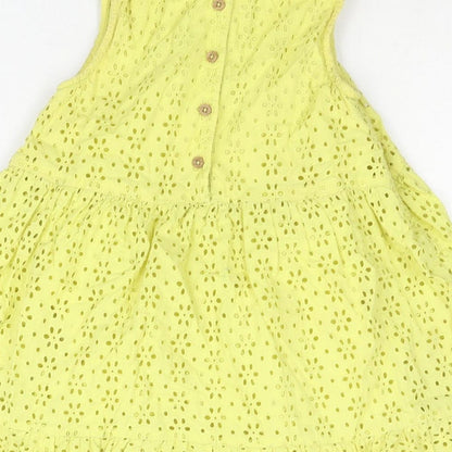 Next Girls Yellow Cotton A-Line Size 5-6 Years Collared Button - Smocked