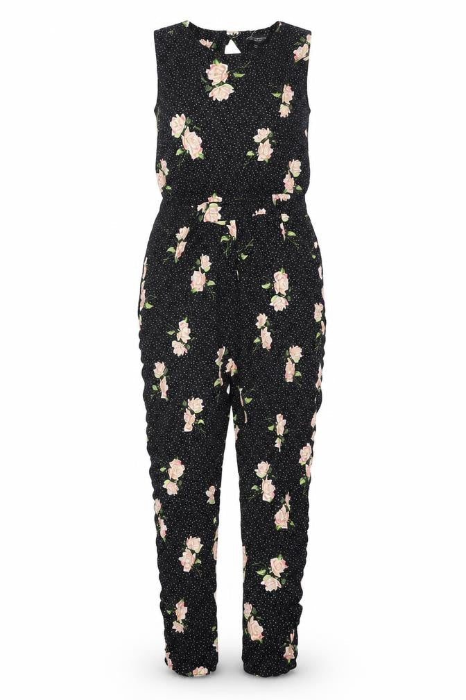Dorothy Perkins Womens Black Floral Viscose Jumpsuit One-Piece Size 12 L28 in Button