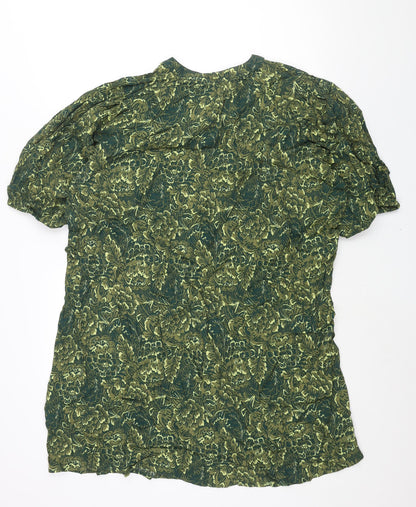 Next Womens Green Floral Viscose Shift Size 16 Round Neck Button