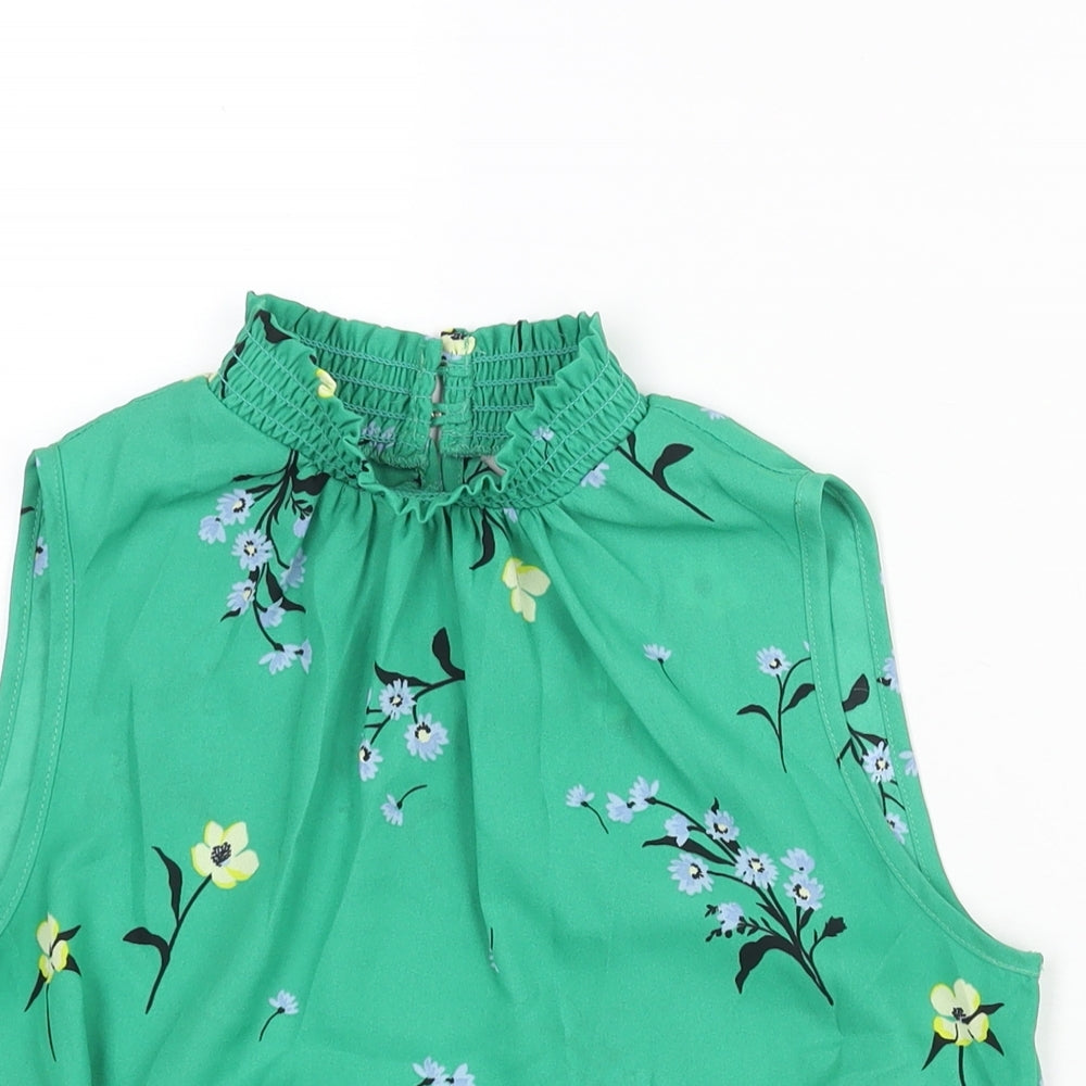 Dorothy Perkins Womens Green Floral Polyester Basic Blouse Size 8 Mock Neck - Rouched