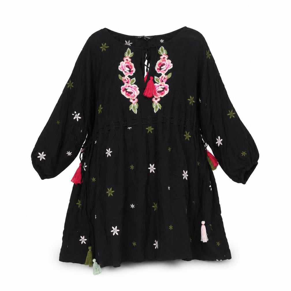 Next Womens Black Geometric Viscose Shift Size 12 Round Neck Tie - Drawstring Detail Tassle Embroidered
