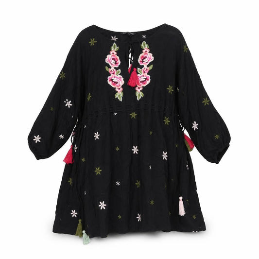 NEXT Womens Black Geometric Viscose Shift Size 12 Round Neck Tie - Drawstring Detail Tassle Embroidered