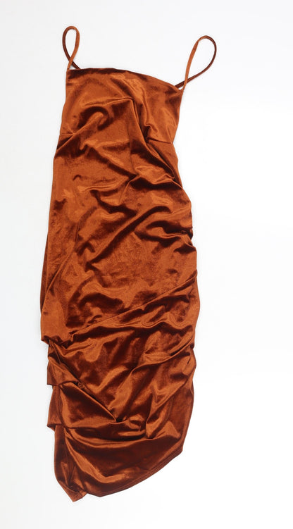 Additional front view of ASOS women’s brown polyester shift, size UK 12, sweetheart lace up - rouched