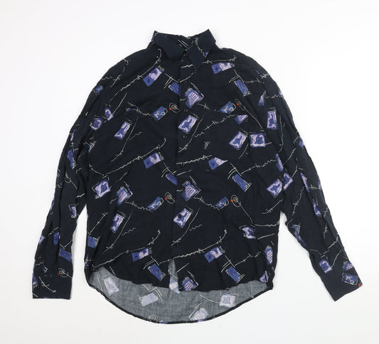 Le Frog Mens Blue Geometric Cotton Button-Up Size L Collared Button