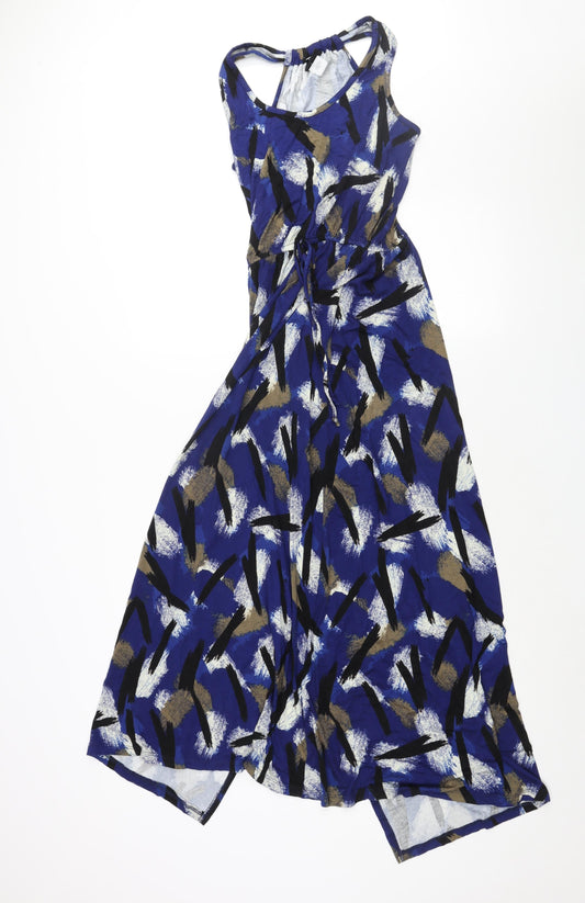 Bobeau Womens Blue Geometric Viscose Tank Dress Size 6 Round Neck Pullover - Drawstring Waist