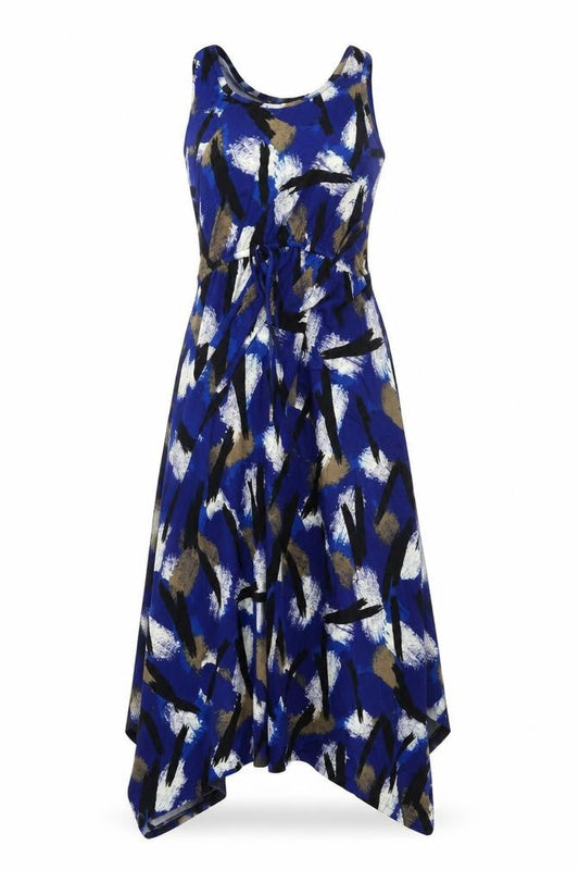 Bobeau Womens Blue Geometric Viscose Tank Dress Size 6 Round Neck Pullover - Drawstring Waist