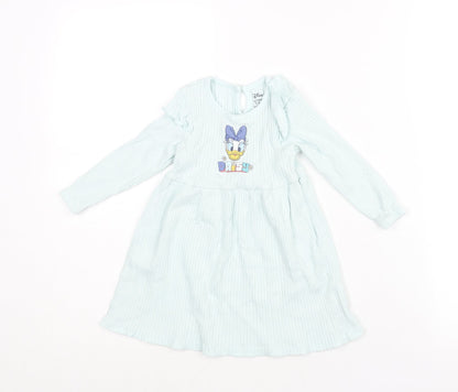 Front view of Disney girls’ blue cotton a-line, size 12-18, months round neck button - daisy duck print