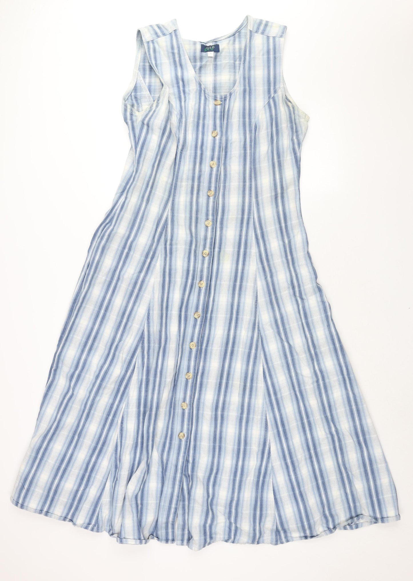 QED Womens Blue Check Cotton Shift Size L Scoop Neck Button