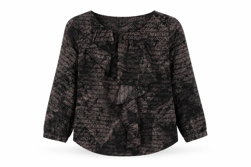 Fenn Wright Manson Womens Black Geometric Polyester Basic Blouse Size 12 Round Neck - Waterfall Frill