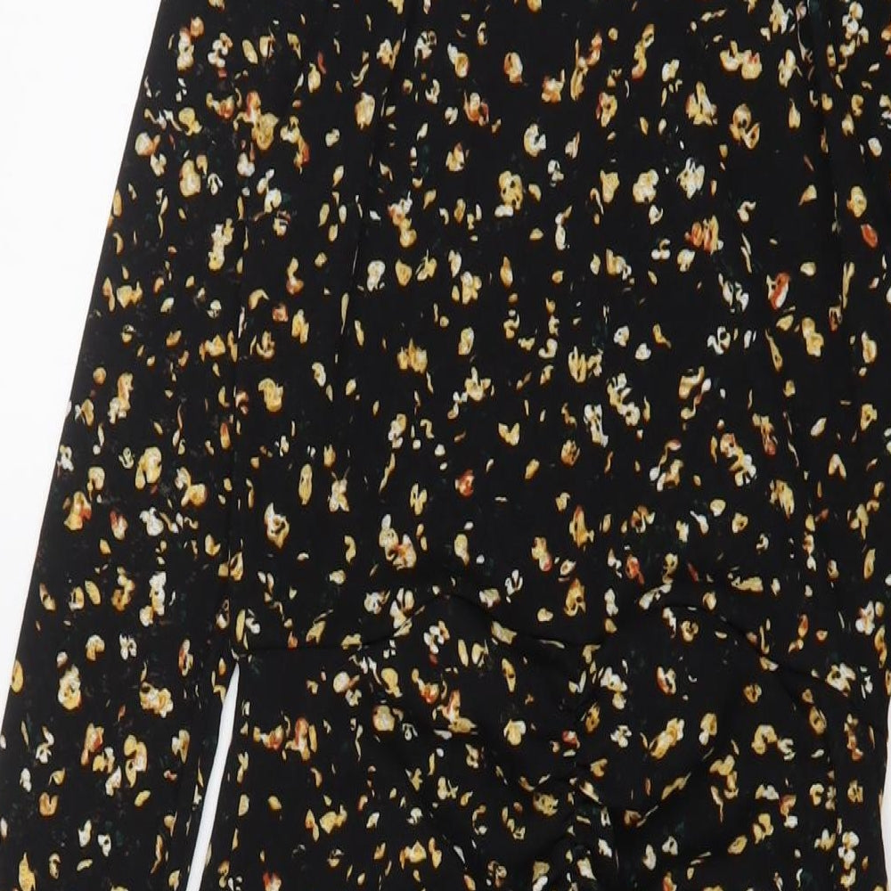Topshop Womens Black Floral Polyester A-Line Size 8 Round Neck Button