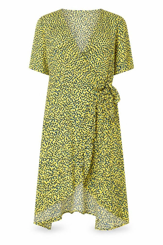 Next Womens Yellow Geometric Viscose Wrap Dress Size 16 V-Neck Tie