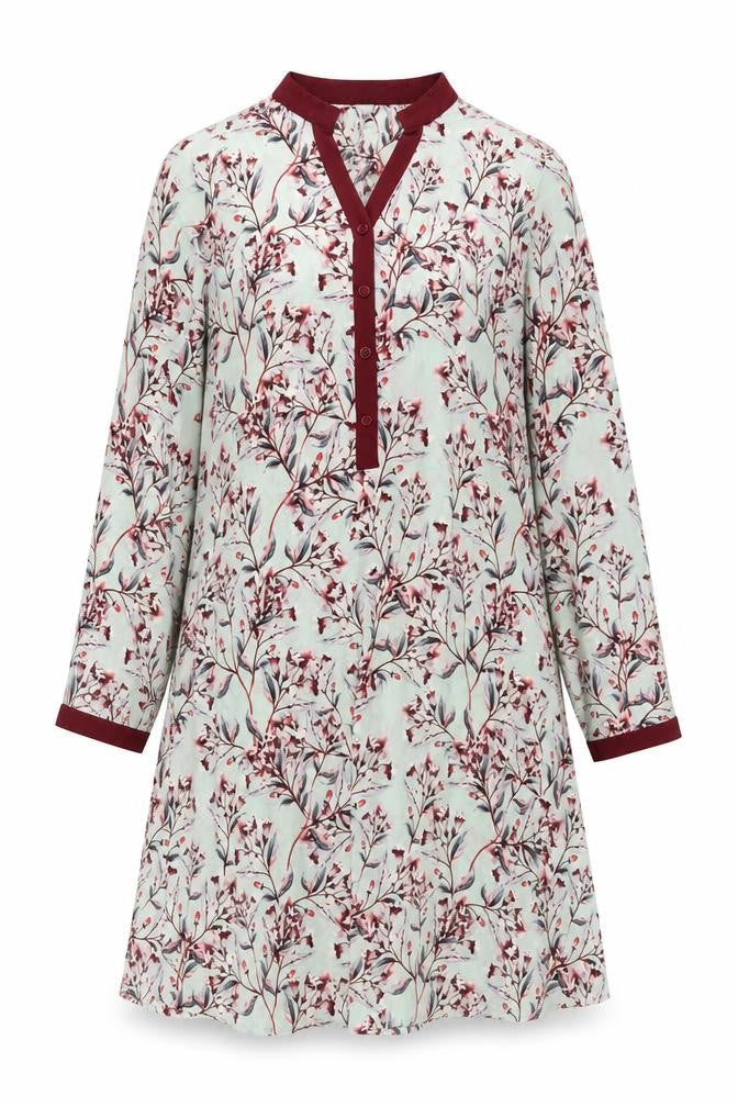 Rupali Womens Blue Floral Polyester A-Line Size M V-Neck Button