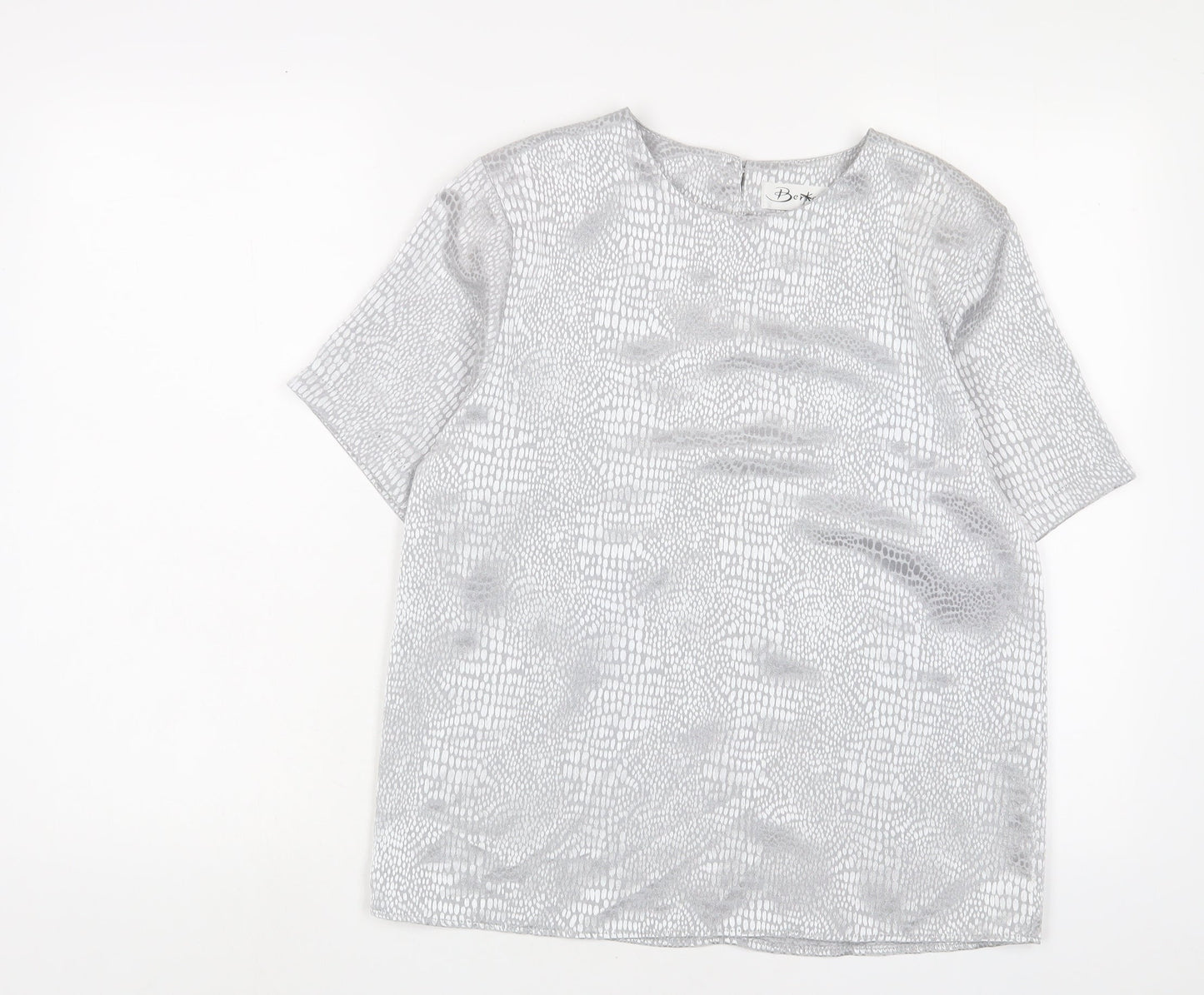 Berkertex Womens Silver Animal Print Polyester Basic T-Shirt Size 12 Crew Neck