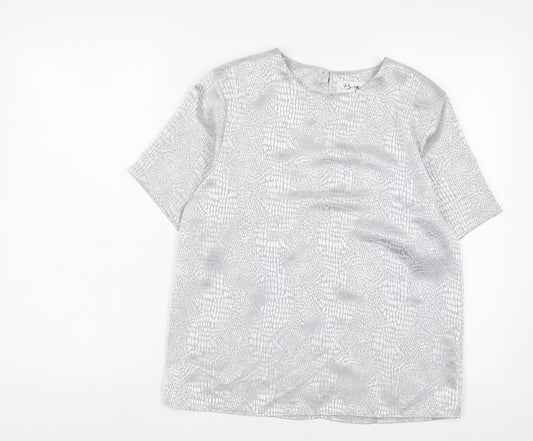 Berkertex Womens Silver Animal Print Polyester Basic T-Shirt Size 12 Crew Neck