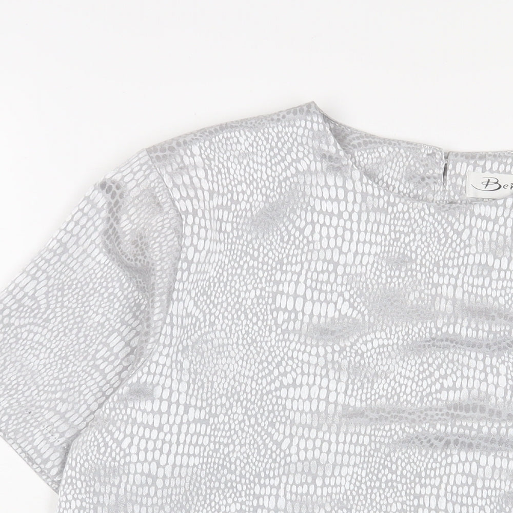 Berkertex Womens Silver Animal Print Polyester Basic T-Shirt Size 12 Crew Neck