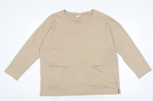 Dreams Womens Beige Cotton Basic T-Shirt Size S Crew Neck - Pockets to front.