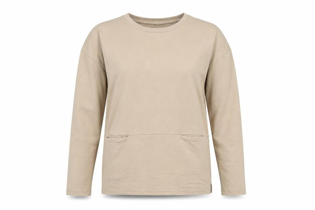 Dreams Womens Beige Cotton Basic T-Shirt Size S Crew Neck - Pockets to front.
