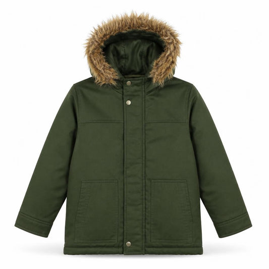 Front view of Gap boys’ green overcoat coat, size S, zip