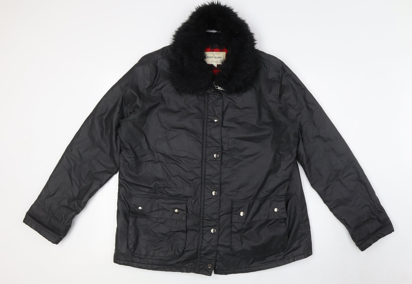 River Island Womens Black Jacket Size 14 Zip - Faux Fur Detachable Collar