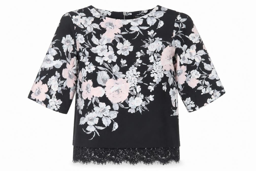 Dorothy Perkins Womens Black Floral Polyester Basic Blouse Size 10 Round Neck - Lace Detail