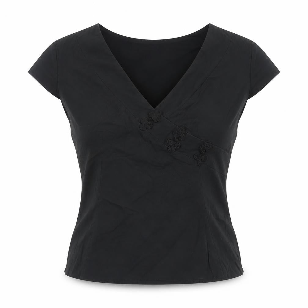River Island Womens Black Cotton Basic Blouse Size 10 V-Neck - Wrap Front Detail