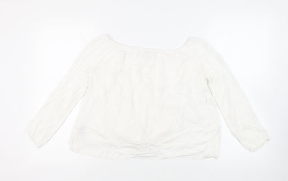 Back view of Miss Selfridge women’s white viscose basic blouse, size UK 10, off the shoulder - tie front