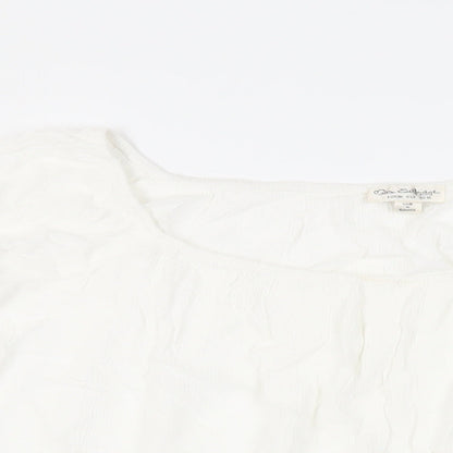 Close-up detail of Miss Selfridge women’s white viscose basic blouse, size UK 10, off the shoulder - tie front