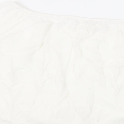 Brand and care label for Miss Selfridge women’s white viscose basic blouse, size UK 10, off the shoulder - tie front
