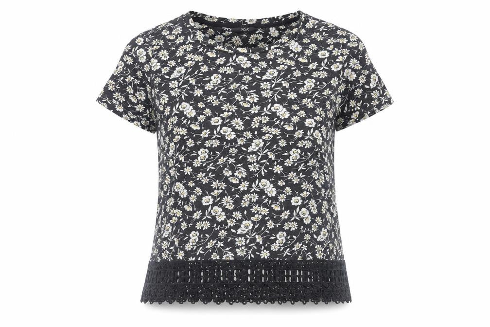 Next Womens Black Floral Cotton Basic T-Shirt Size 6 Round Neck - Crocheted Lace Detail