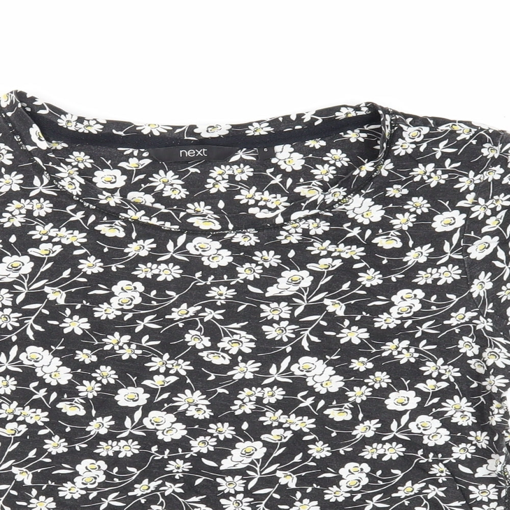 NEXT Womens Black Floral Cotton Basic T-Shirt Size 6 Round Neck - Crocheted Lace Detail