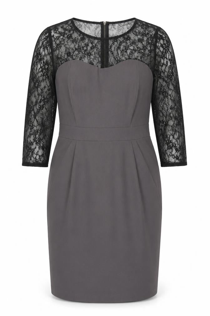 Marks & Spencer Womens Grey Polyester Pencil Dress Size 16 Round Neck Zip - Lace Sleeve