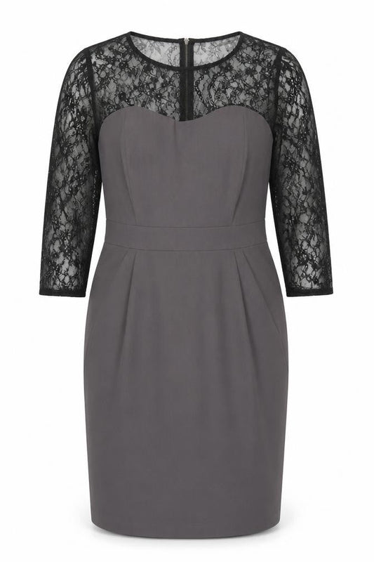 Marks & Spencer Womens Grey Polyester Pencil Dress Size 16 Round Neck Zip - Lace Sleeve