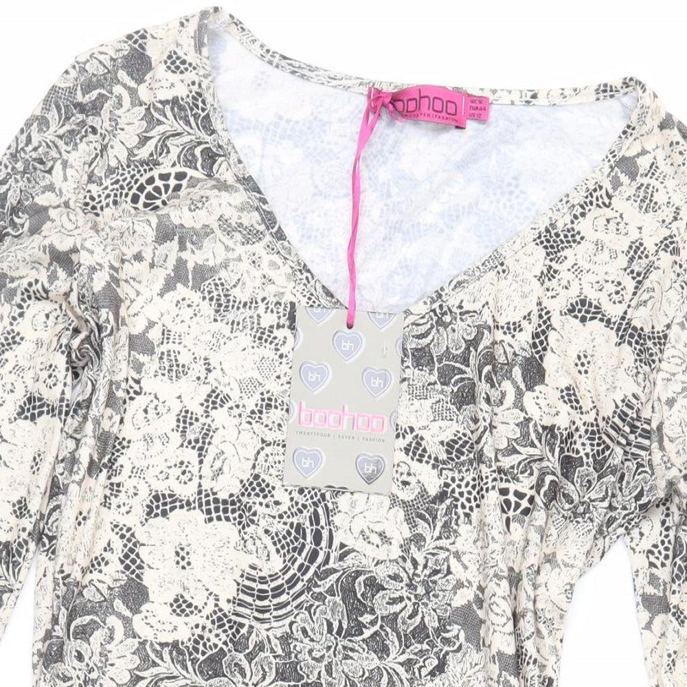 Boohoo Womens Beige Floral Polyester Mini Size 16 V-Neck Pullover