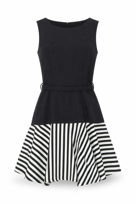 Caramel Factory Womens Black Striped Polyester Fit & Flare Size S Boat Neck Zip - Belted