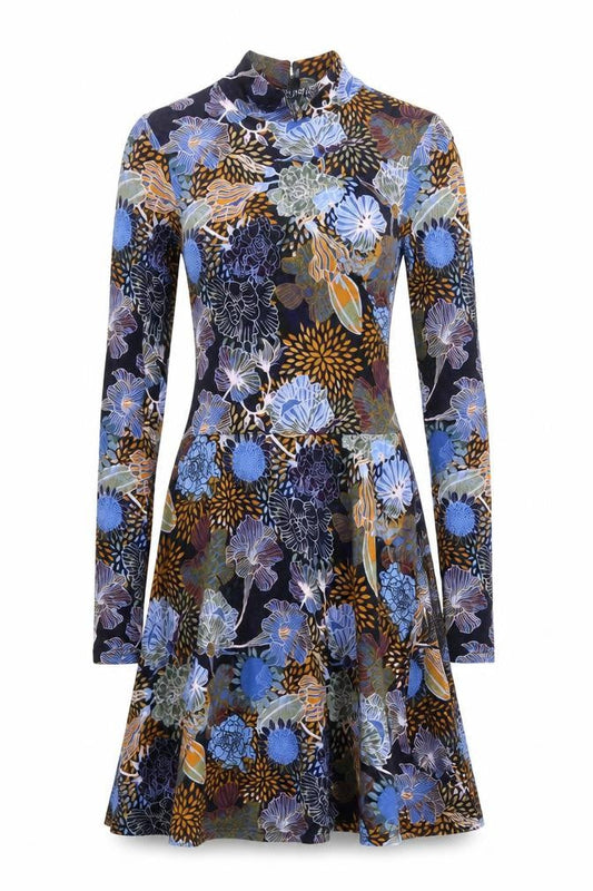 H&M Womens Blue Floral Viscose Skater Dress Size XS Mock Neck Button