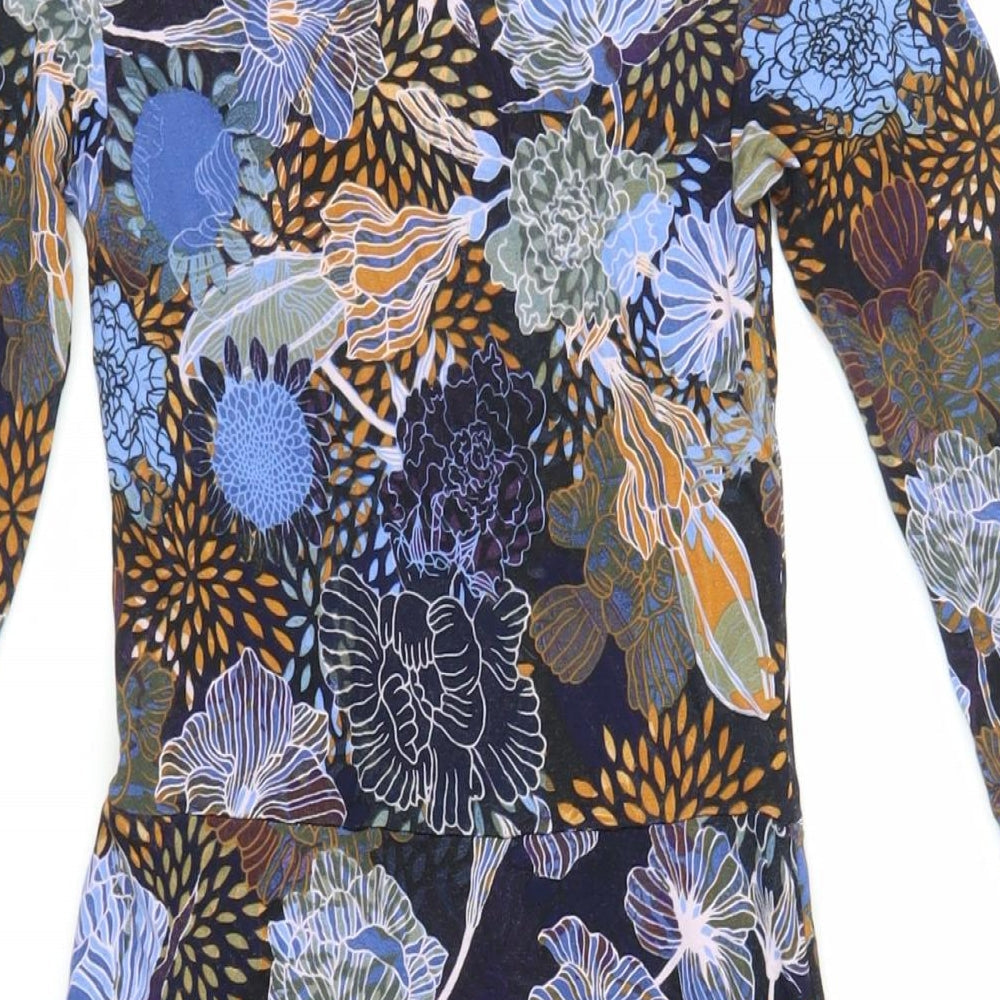 H&M Womens Blue Floral Viscose Skater Dress Size XS Mock Neck Button