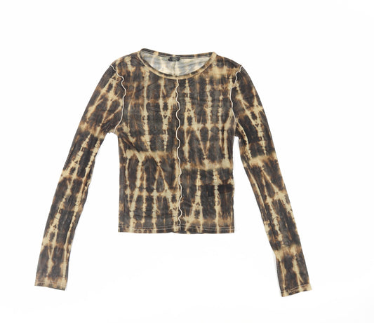 Urban Outfitters Womens Brown Geometric Polyester Cropped T-Shirt Size XS Crew Neck - Sheer