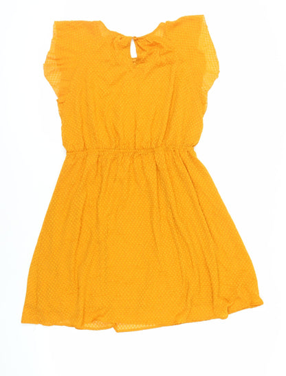 Back view of H7M women’s orange polyester a-line, size UK 12, round neck button - textured