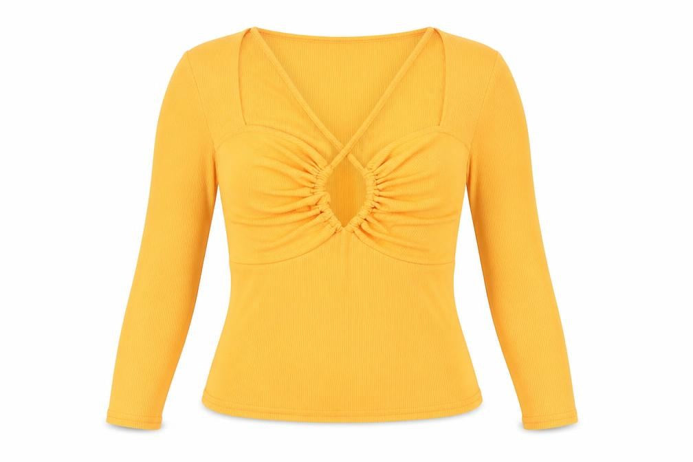 New Look Womens Orange Polyester Basic Blouse Size 10 V-Neck - Ribbed