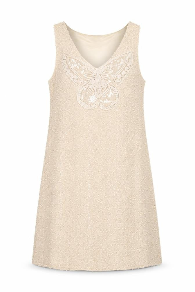 Yumi Womens Beige Polyester Shift Size S V-Neck Pullover - Sequins Textured