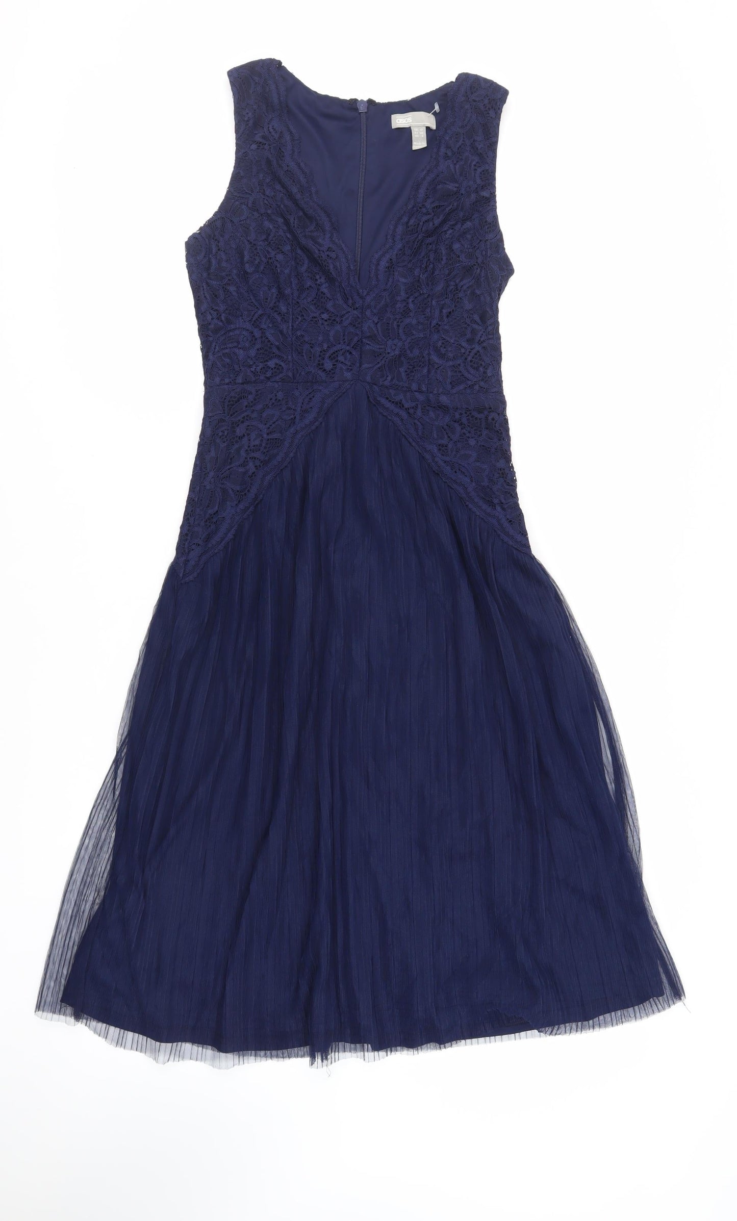 ASOS Womens Blue Polyester A-Line Size 10 V-Neck Zip - Lace Detail
