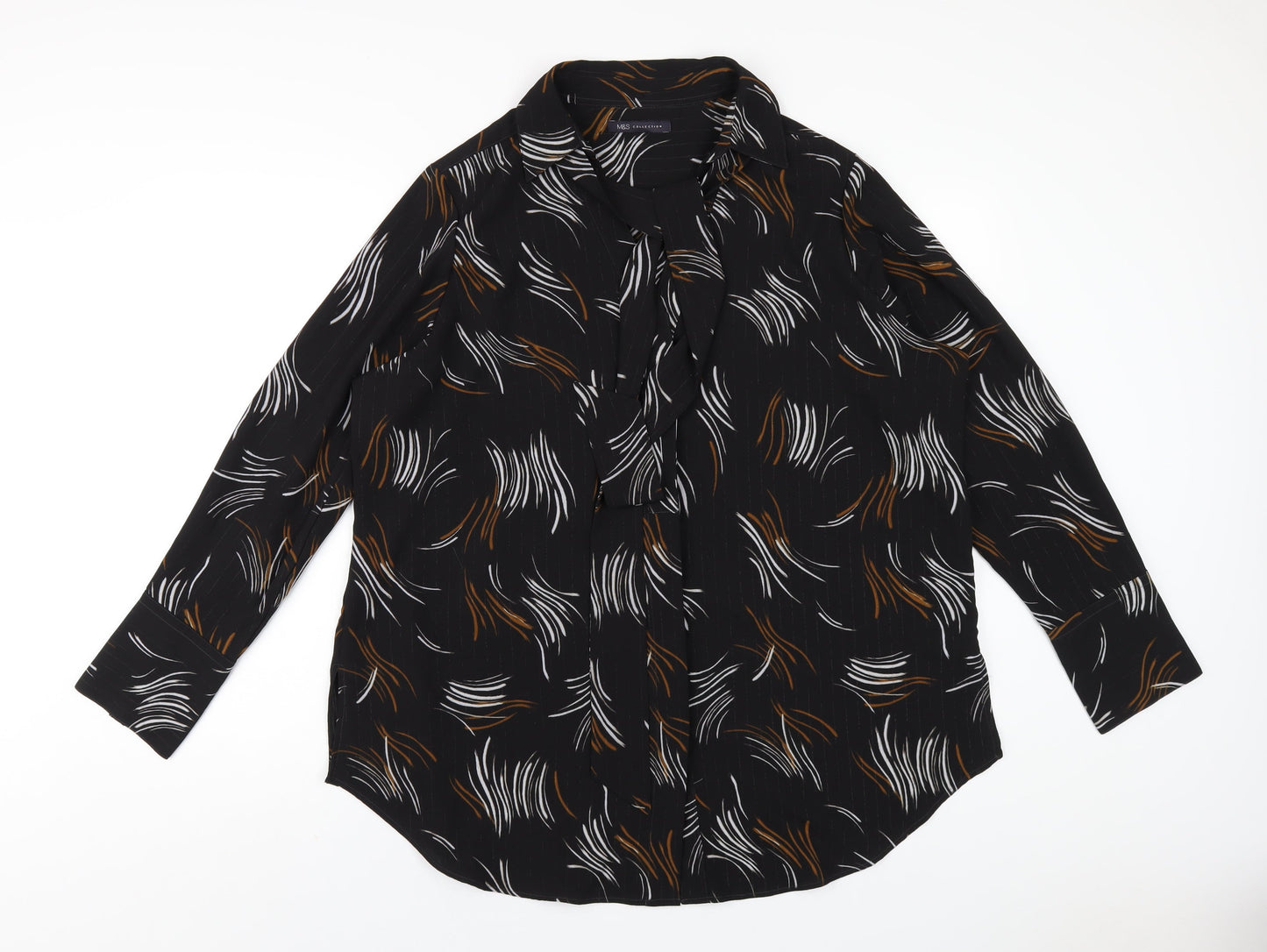 Marks and Spencer Womens Black Geometric Polyester Basic Button-Up Size 20 Collared