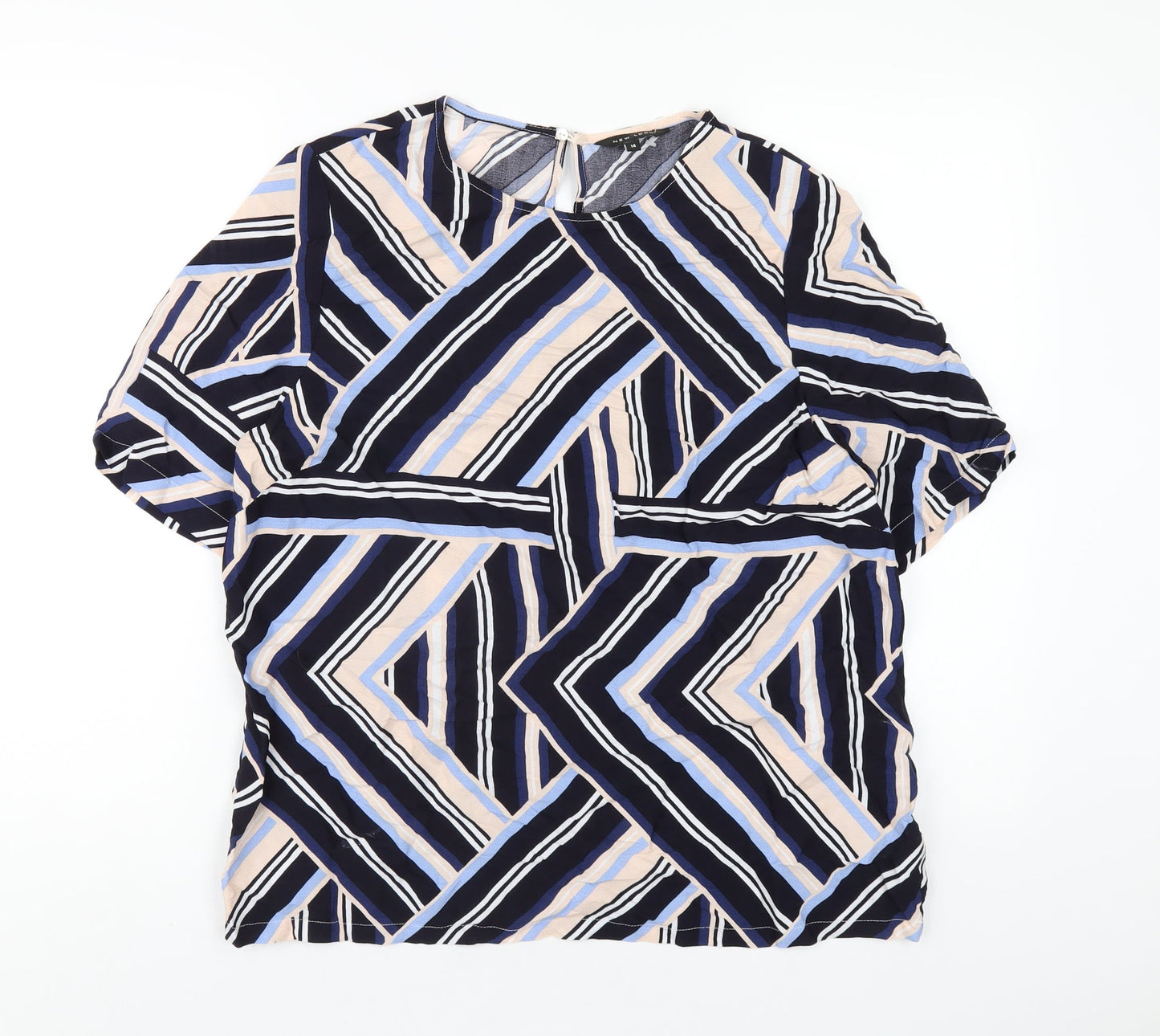 New Look Womens Multicoloured Geometric Polyester Basic T-Shirt Size 14 Round Neck