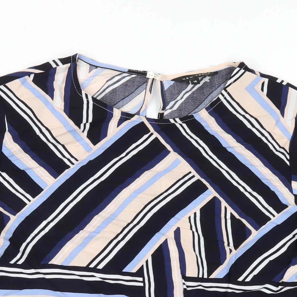 New Look Womens Multicoloured Geometric Polyester Basic T-Shirt Size 14 Round Neck