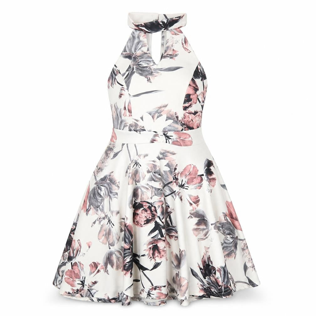 Select Womens White Floral Polyester A-Line Size 8 Round Neck Button