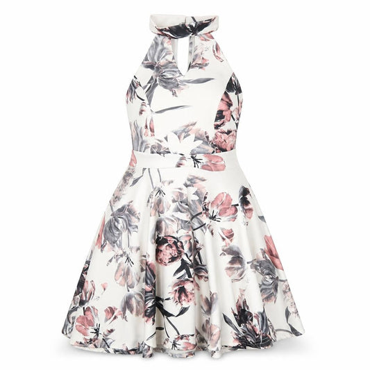 Select Womens White Floral Polyester A-Line Size 8 Round Neck Button